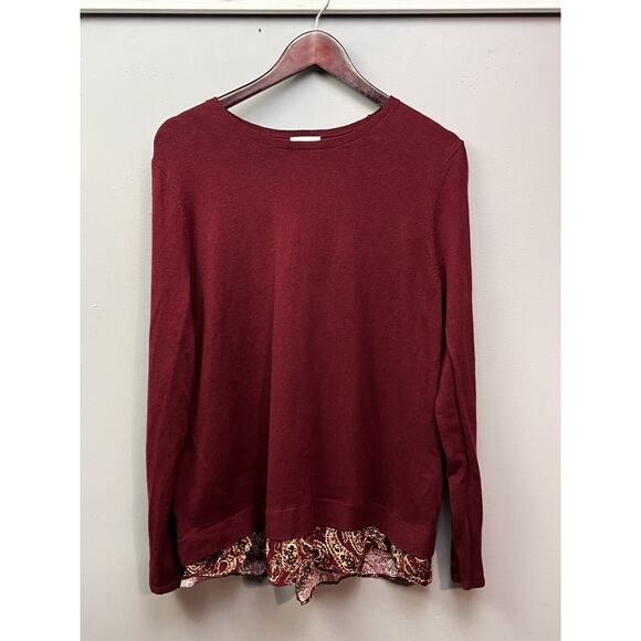 J Jill Layered Sweater Womens Medium Burgundy Pullover Button Back Floral bottom - Picture 1 of 7